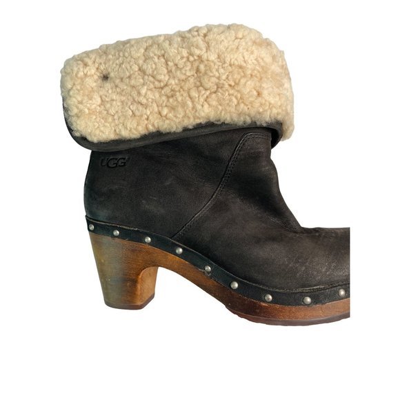 UGG Womens MOUTON Boot Roll Top BLACK Leather Heels Boots 3207 Size 6 - Picture 9 of 12